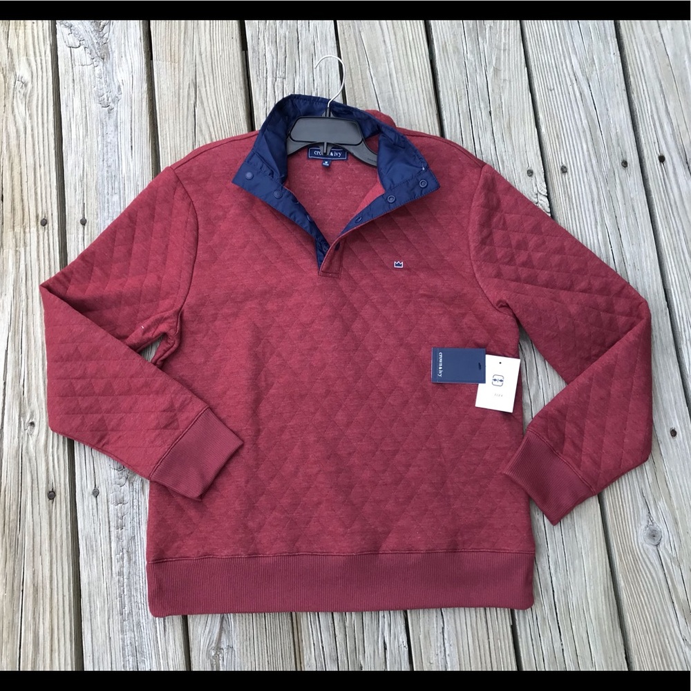 New Men’s CROWN & IVY Quilted Burgundy & Blue 1/4 Snap Button Sweatshirt M